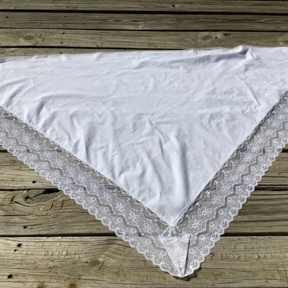 Large White Shawl with Lace Orthodox Wedding Headscarf TriangleScarf Solid White - Picture 8 of 11